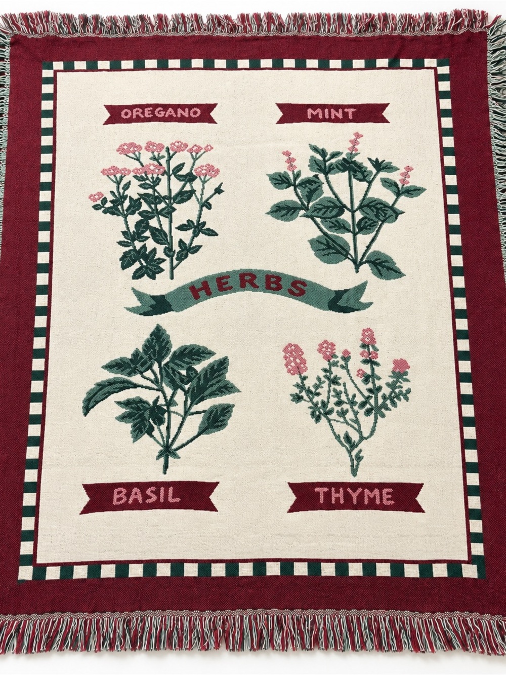 Botanical Herb Woven Tapestry Throw Blanket Burgundy Green Fringe Vintage